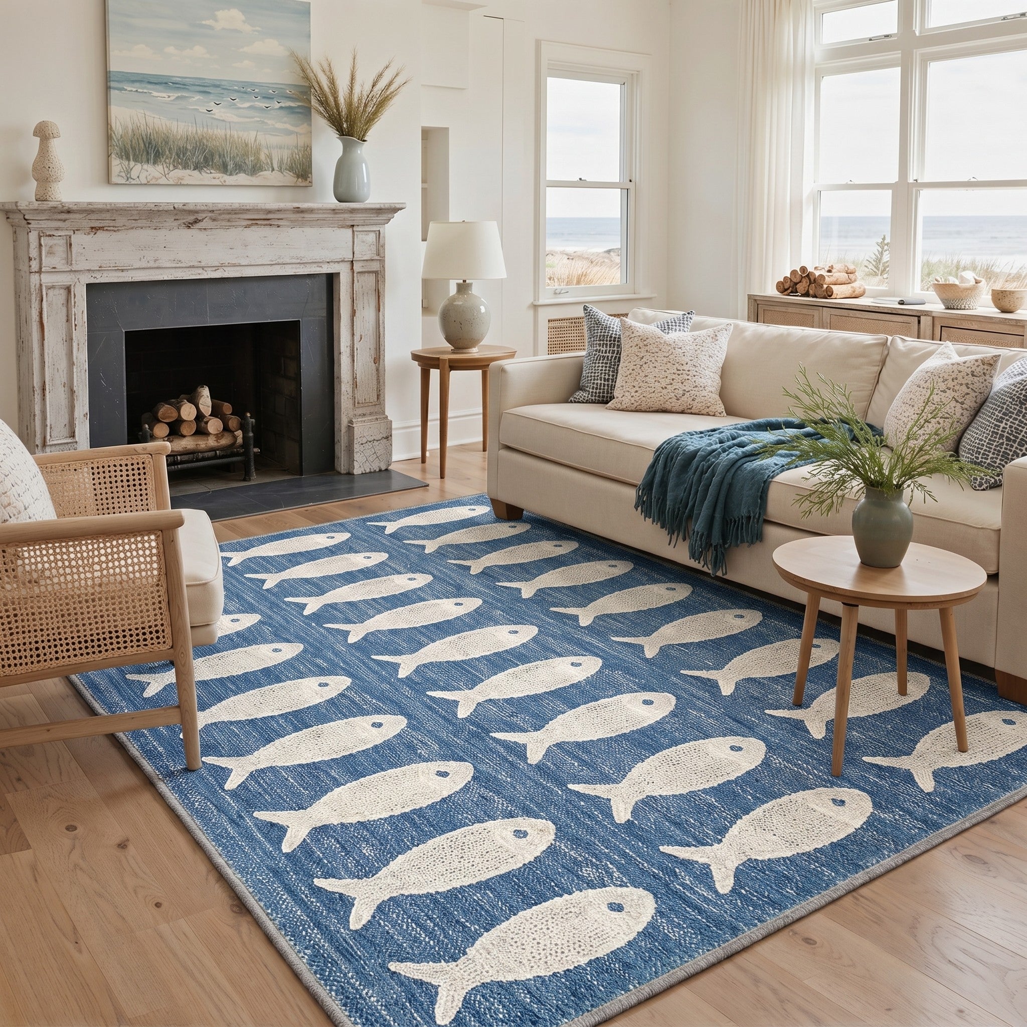 GENIMO 5'x7' Area Rug for Living Room, Washable Non Slip Soft Fish Print Rug for Bedroom Dining Room Home Office, Washed Blue
