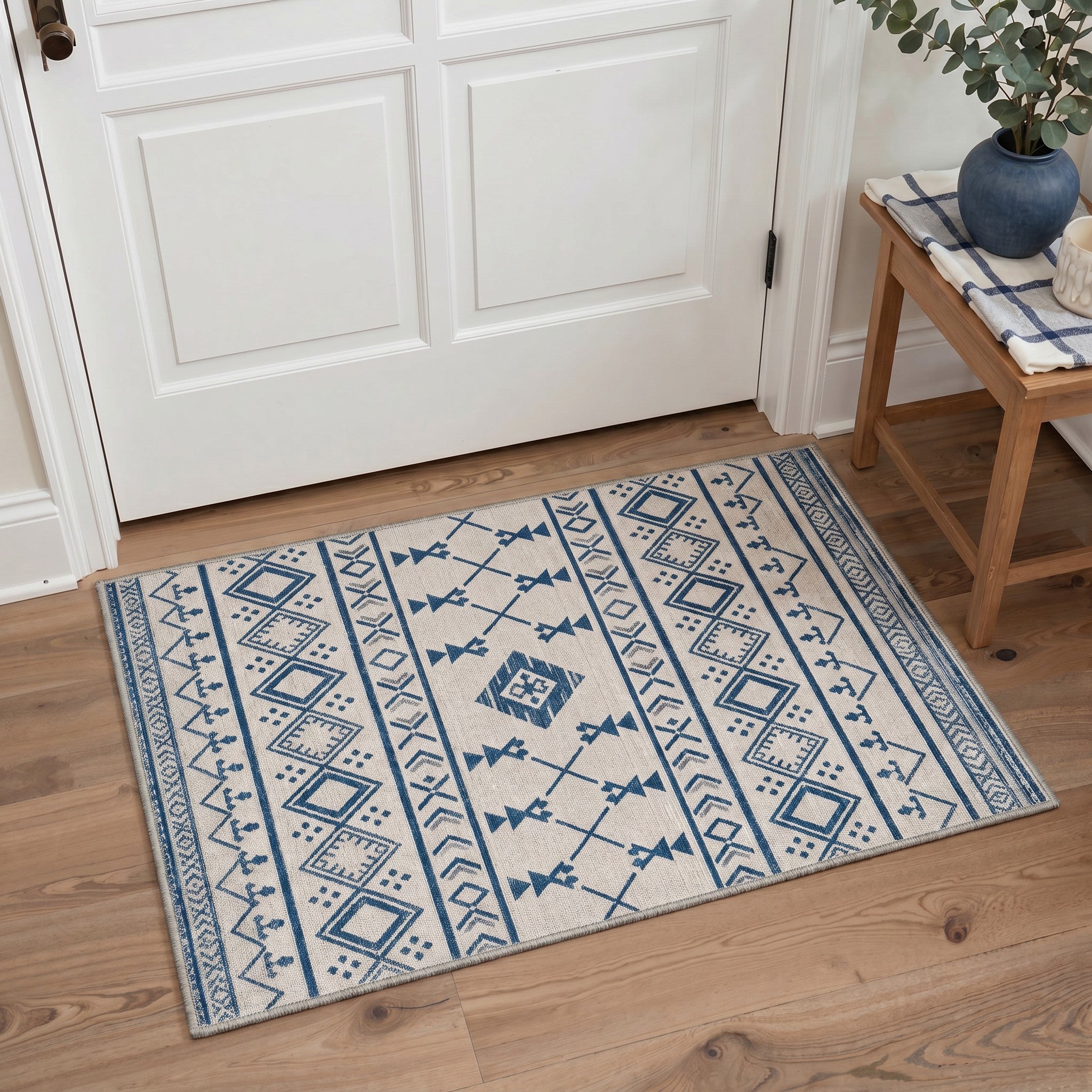 GENIMO 2'x3' Area Rug, Washable Non Slip Soft Boho Geometric Indoor Door Mat for Entryway Kitchen Laundry Room, Beige Navy