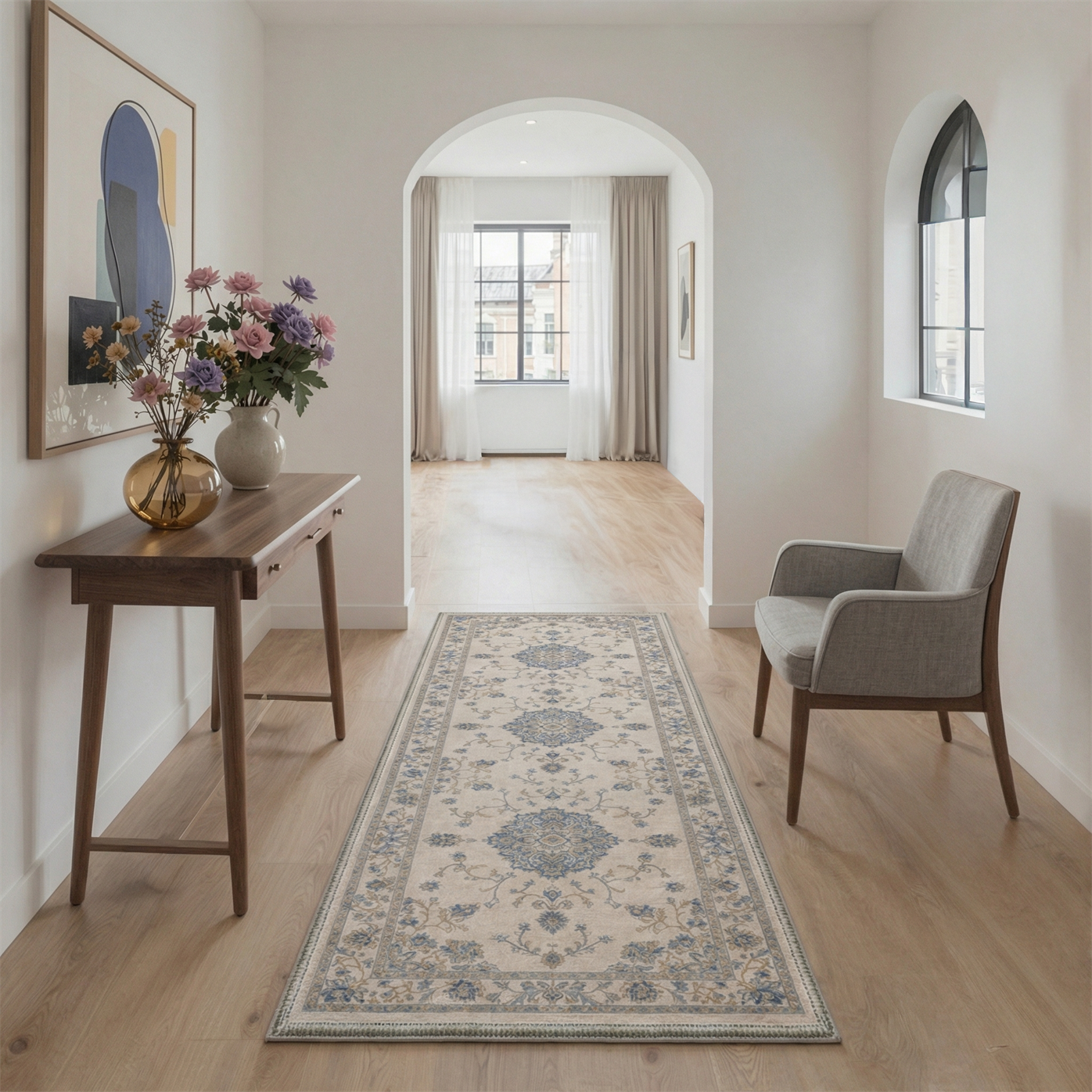 GENIMO 2'x7' Runner Rug, Washable Non Slip Soft Floral Hallway Runner for Kitchen Entryway Laundry Room, Dusty Blue Beige