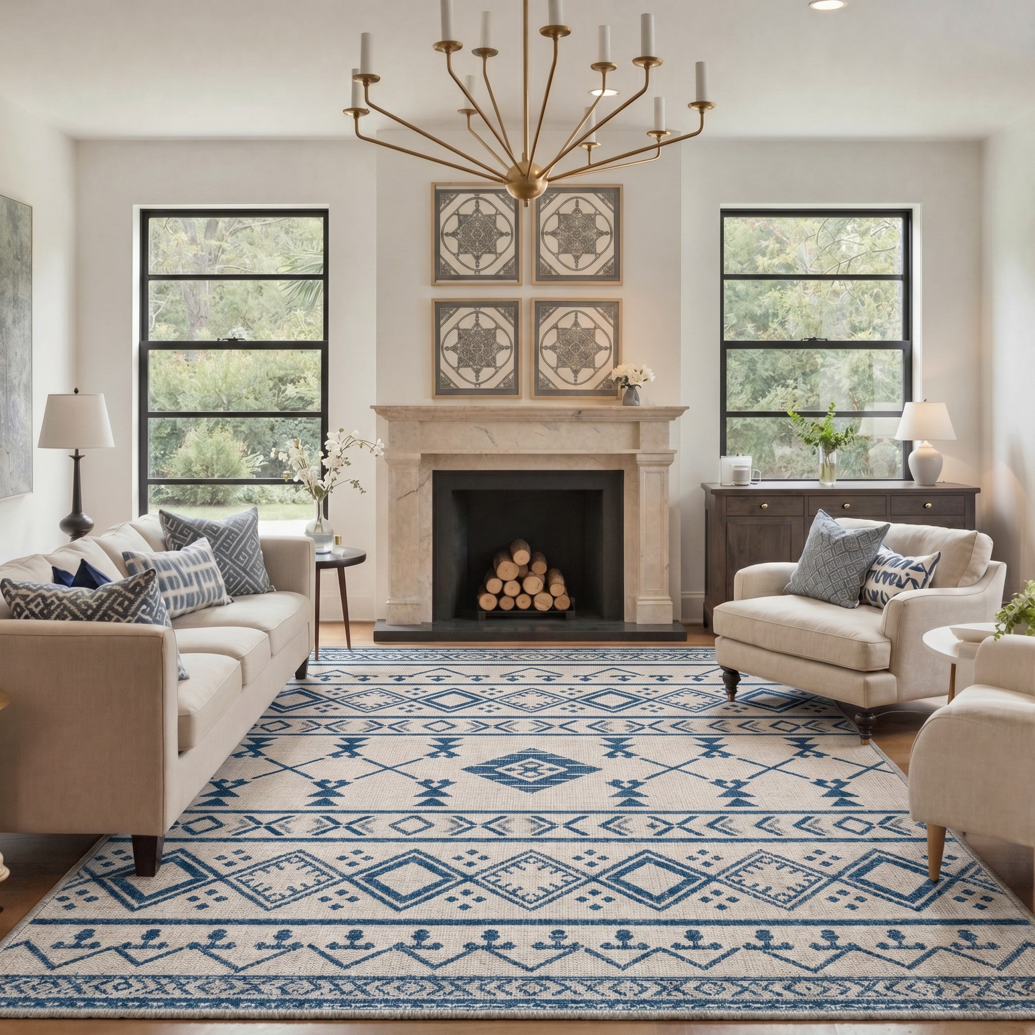 GENIMO 8'x10' Area Rug for Living Room, Washable Non Slip Soft Boho Geometric Rug for Bedroom Dining Room Home Office, Beige Navy