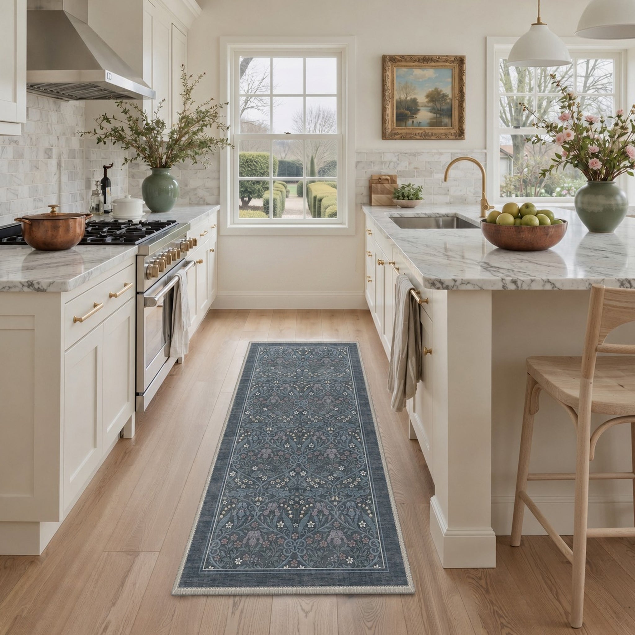 GENIMO 2'x7' Runner Rug, Washable Non Slip Soft Vintage Floral Hallway Runner for Kitchen Entryway Laundry Room, SlateBlue