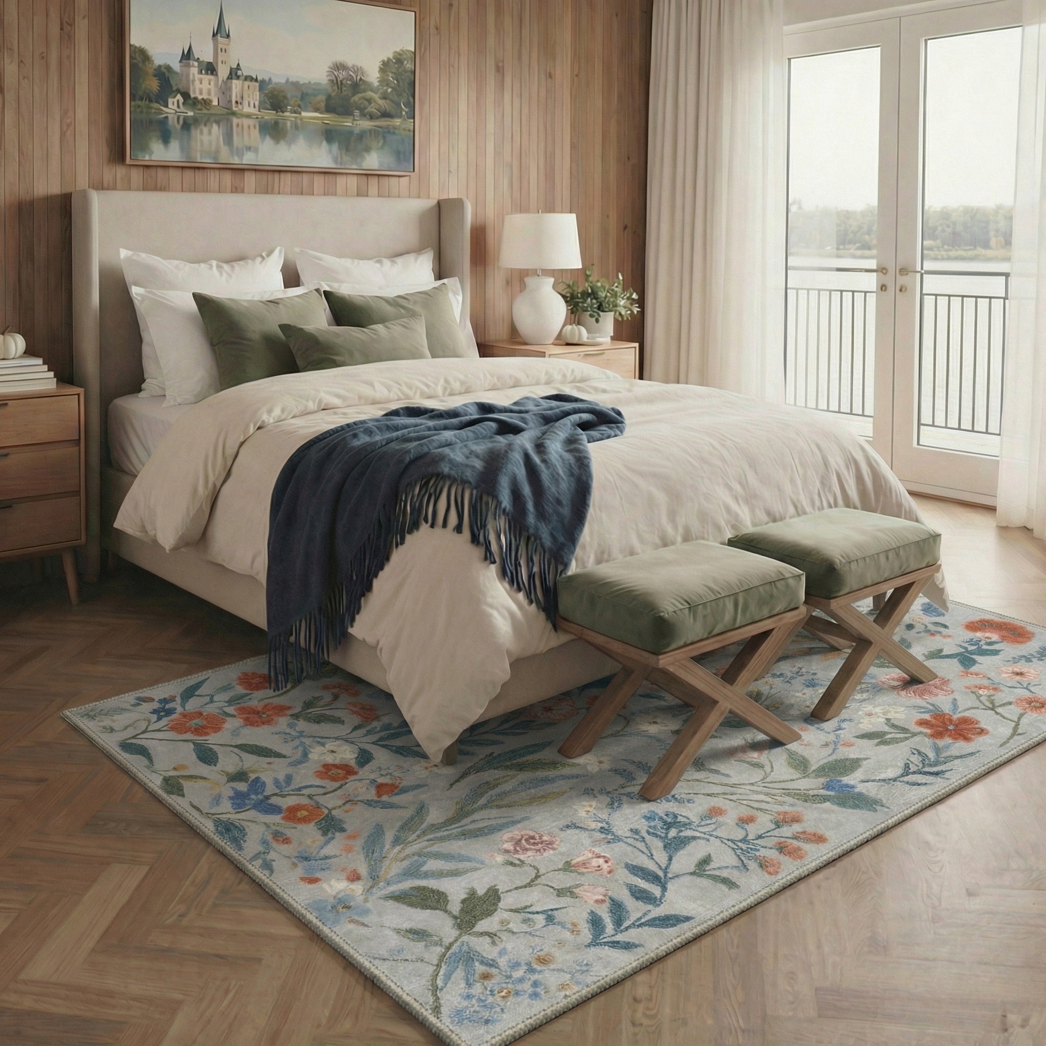 GENIMO 8'x10' Area Rug for Living Room, Washable Non Slip Soft Floral Rug for Bedroom Dining Room Home Office, Dusty Blue
