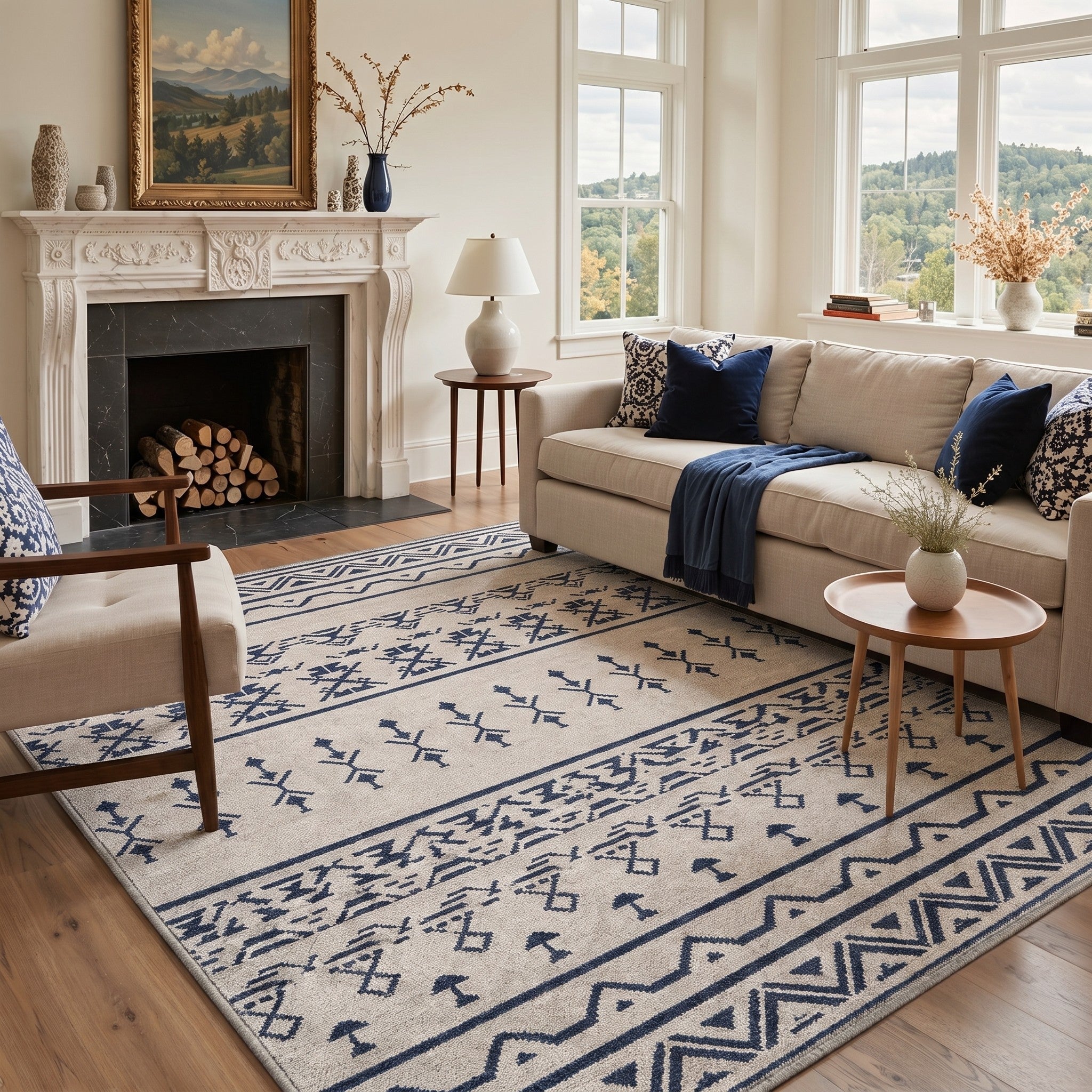 GENIMO 5'x7' Area Rug for Living Room, Washable Non Slip Soft Boho Geometric Rug for Bedroom Dining Room Home Office, Ivory Navy
